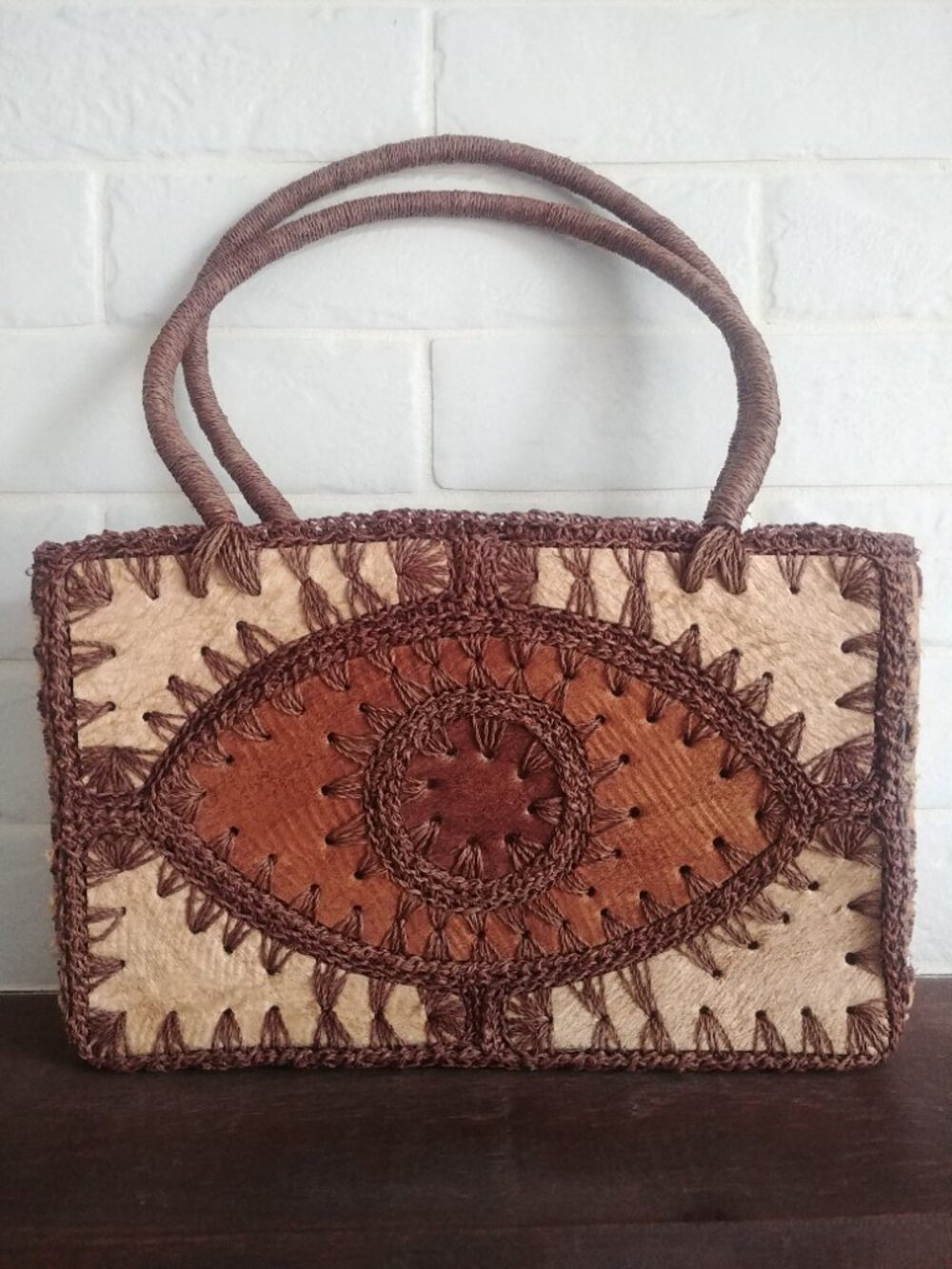 Paper straw leather look brown and tan woven handbag purse bag